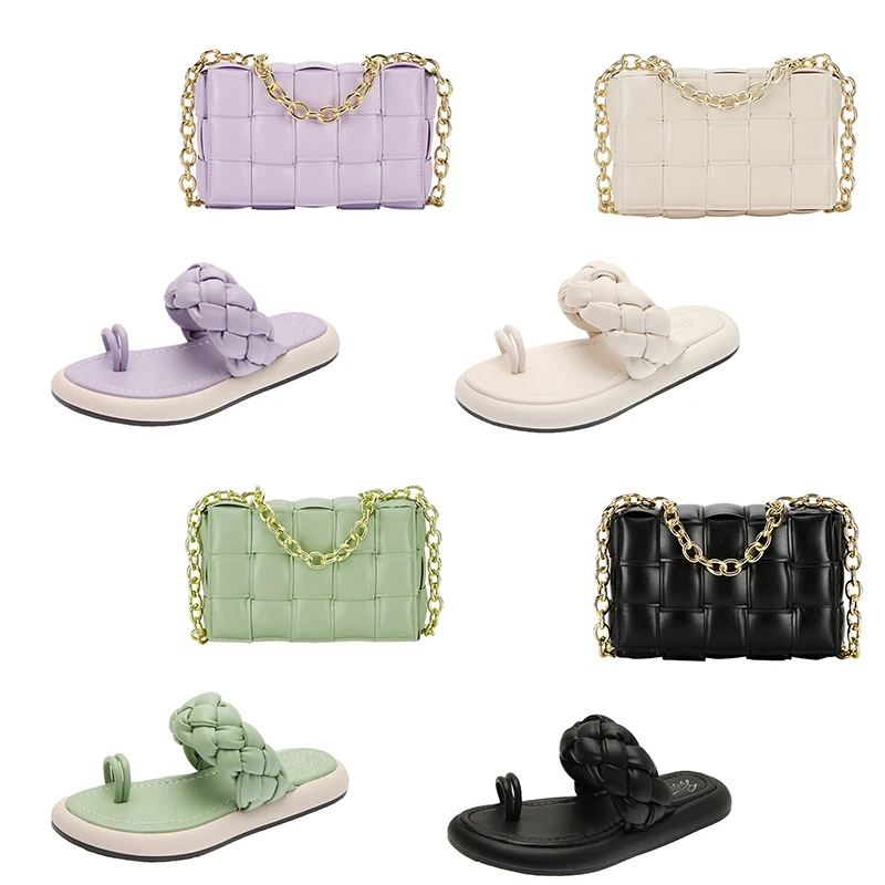 

Luxury Woven Leather Purse And Handbags And Shoes Sets Matching womens sandals trendy handbags set woman shoes flat sandals