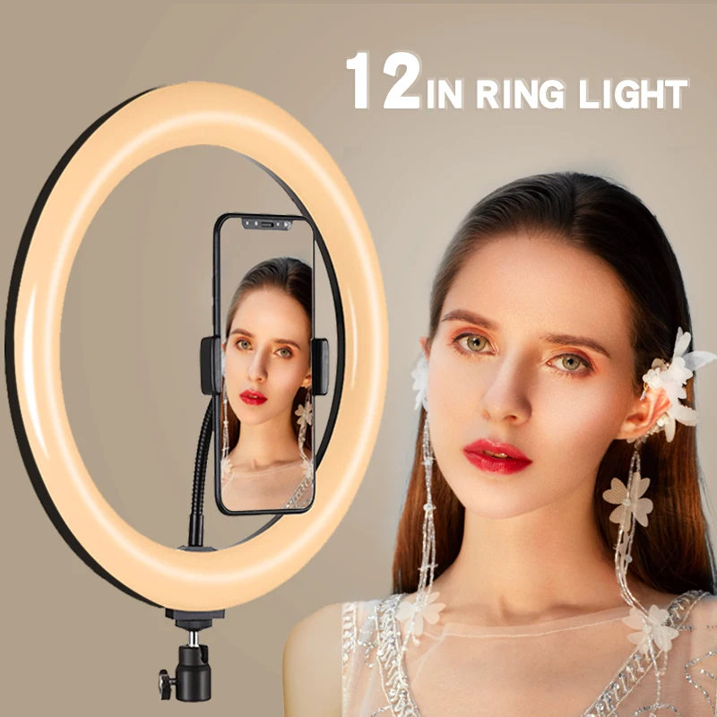 

12in LED Selfie Ring Light three-speed Stepless Lighting Dimmable With Cradle Head For Makeup Video Live Studio