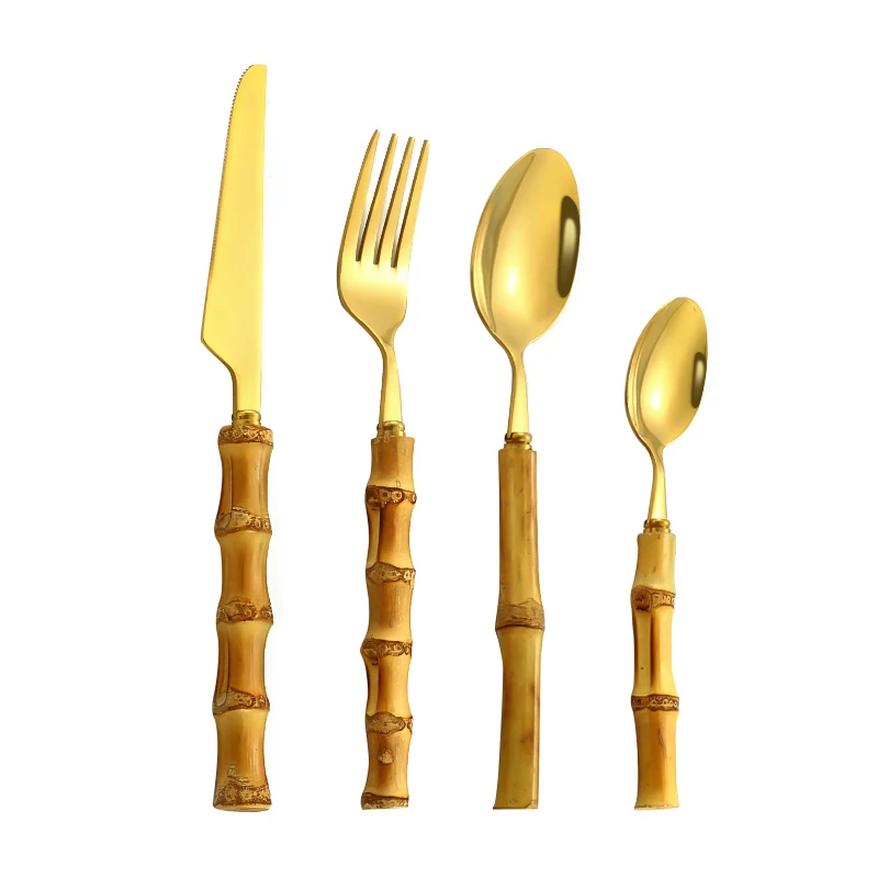 

Gold Spoon Fork Set Silverware Flatware Wholesale Real Bamboo Handle Cutlery Set Stainless Steel