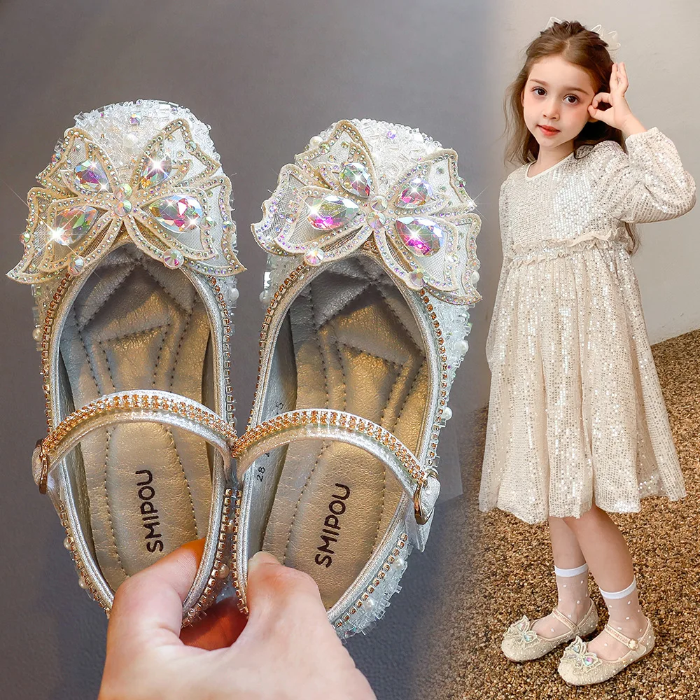 

2022 new arrival fashion trend girls princess shoes children single shoes rhinestone soft sole leather shoes, Picture