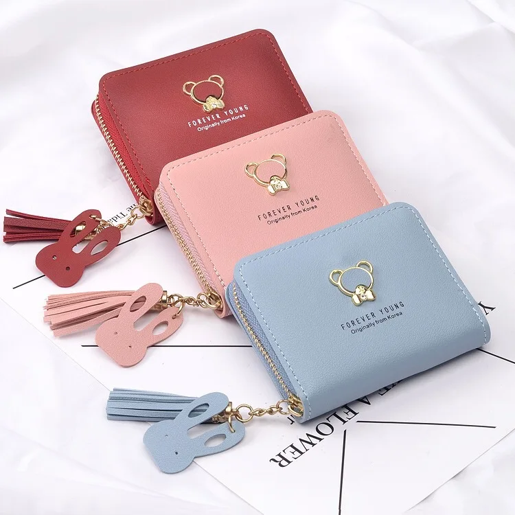 

2021 new women's wallet short Cute Japanese and Korean bear zipper wallet zero wallet Mini Bag card bag