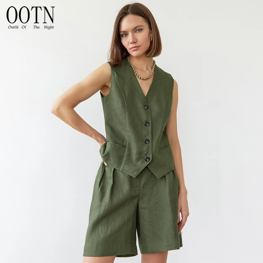 

OOTN 2023 Office Ladies Shorts Outfit Cotton Linen Two Pieces Vest Top Shorts Casual Sets Street Style Green Shorts Suits