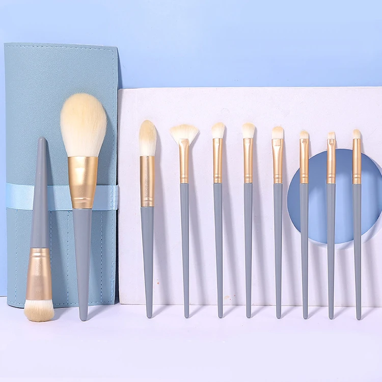 

Wholesale Comfortable Blue Gray Artificial Fiber 10 Beginners Foundation Costume Makeup Brushes