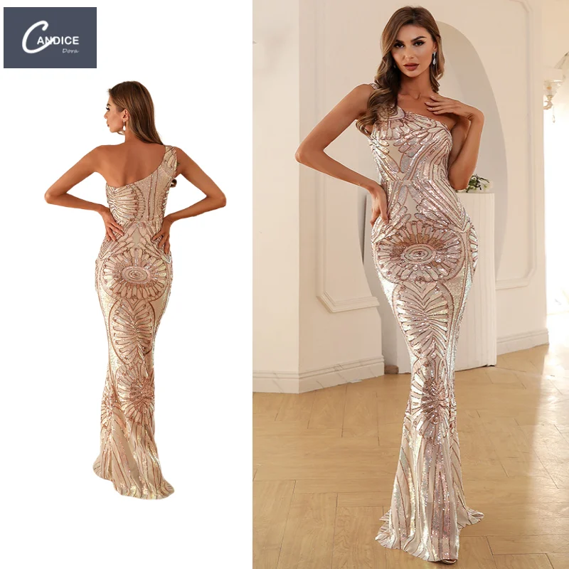 

Candice Haute couture hot sale Gold sequin skirt slimming slanted shoulder applique backless evening dress