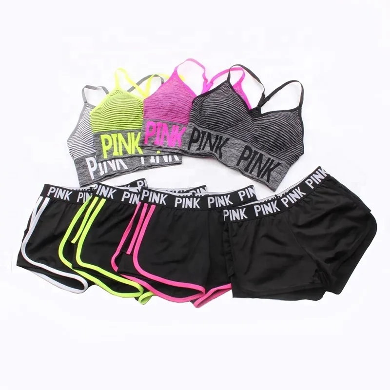 

Fake Two Pieces Fitness Pants Stripe Tops Sportswear Running Yoga Short Pants Sports Bra Suit Sportswear Shorts Set For Womens
