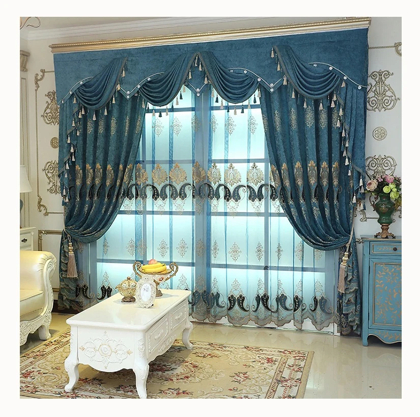 Ready Made Blue Home Chenille Fabric Valance Luxury Embroidery Living