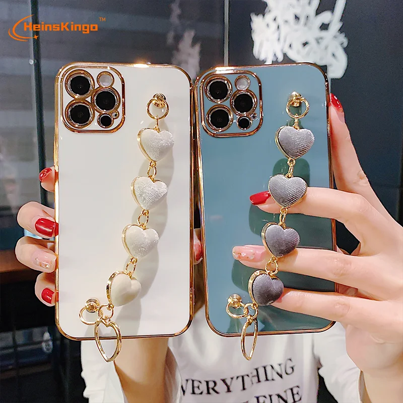 

Luxury 6D Plating Phone Case For iPhone 13 Pro Max 12 Mini X XS XR 6S 7 8 Plus SE Soft TPU Back Cover With Love Wristband, As picture shown