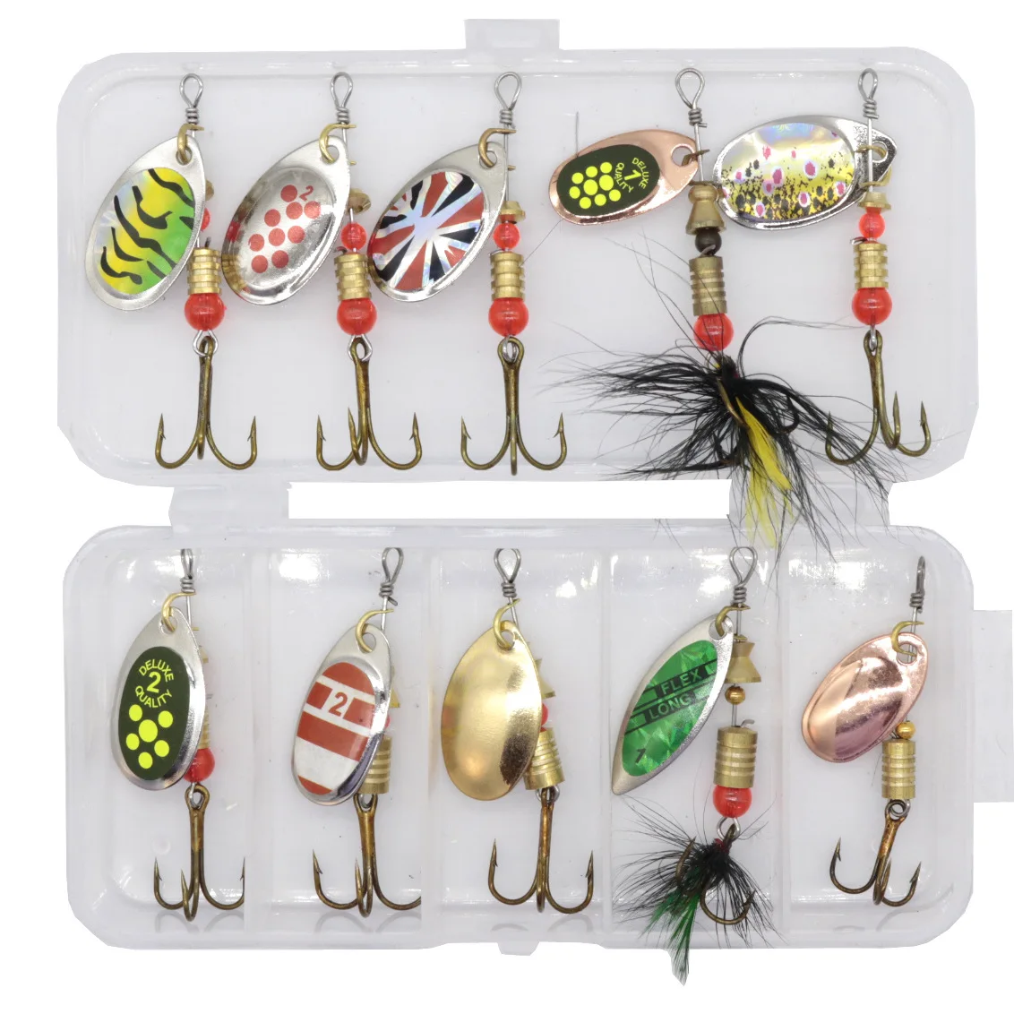 

10pcs Mixed Multi Color Slow Trolling Feather Sequins Jig Fish Matel Spinner Fishing Lure Set With Box