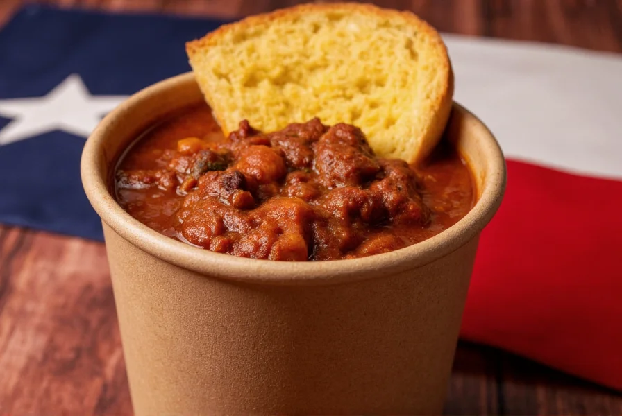 Vintage-style presentation of Carroll Shelby chili in paper cup with cornbread wedge, Texas flag background
