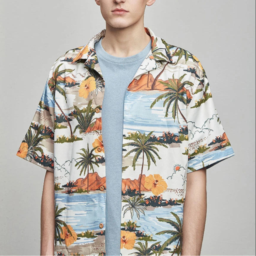 

Instock Short Sleeve Loose Printing Beach Men Shirt