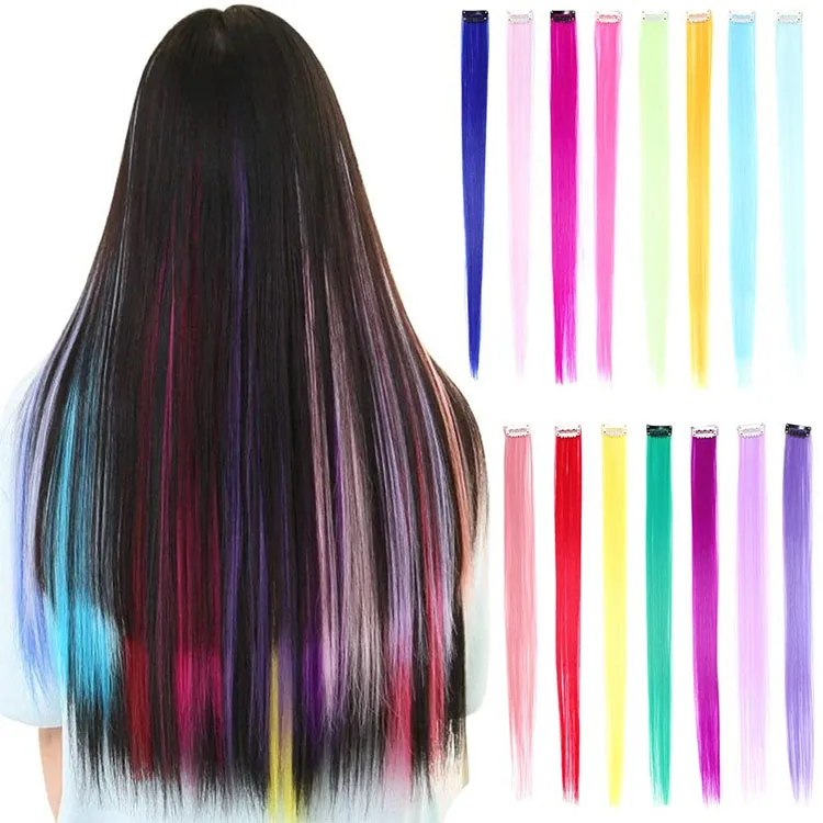 

Colored Hair Extensions for Kids Girls 22inch Rainbow Hair Clip in Hair Multicolor Straight Party Highlights Synthetic Hairpiece, Customization accepted