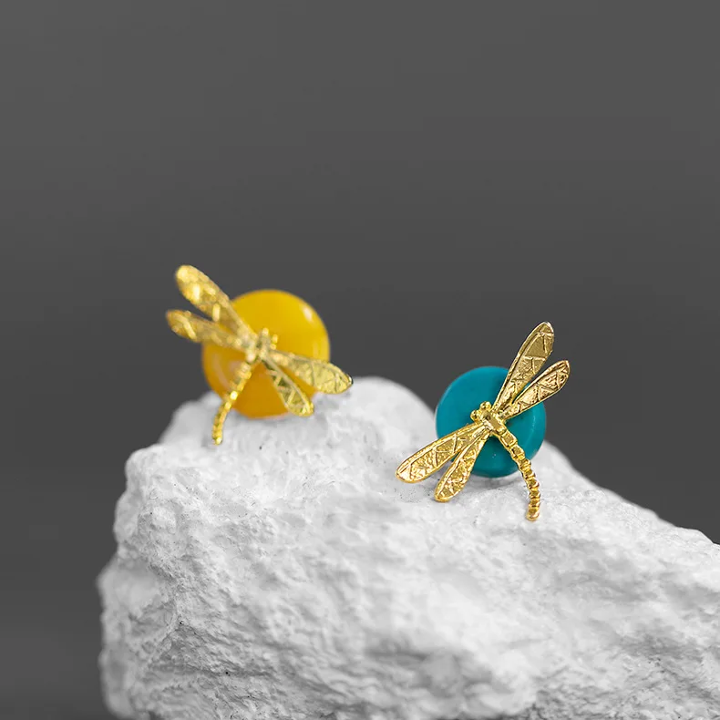 

New Fashion 925 Sterling Silver Gem Stone Dragonfly Resin Earrings