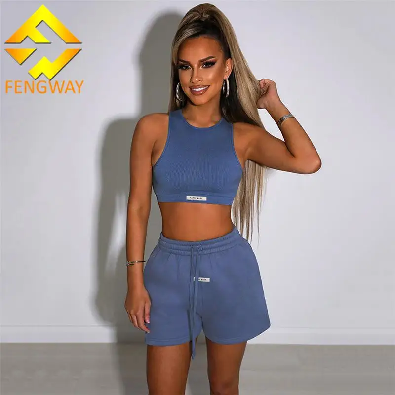 

Custom Logo 2022 Womens Summer Outfits Clothing Sportswear Knitted Crop Top Biker Shorts Women 2 Two Piece Set