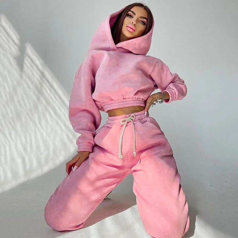 

Winter New Women Sweatsuit Set Tracksuit Crop Top Hoodie 2 Piece Solid Color Sets