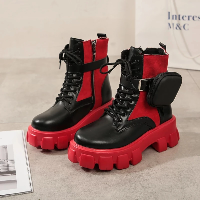 

2022 Fashion New Women Black Thigh High Boots High Quality Leather Platform Pocket Women Comfort Red Shoes, Black & white