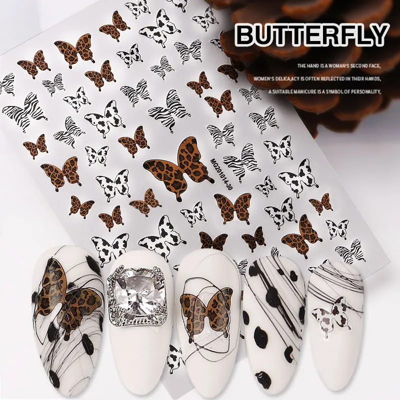 

Hot Selling New Design Leopard Butterfly Nail Sticker Colorful Blue Black Lace 3D Butterflies Decals Nail Art Decorations