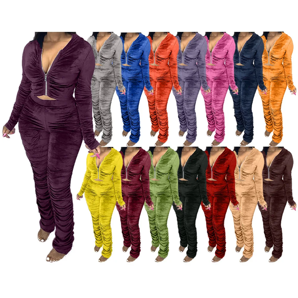 

Womens Fall 2020 Wholesale Clothing Velvet Crop Top Hoodie Two Piece Stacked Pants Joggers Sets Outfits 2 Piece Sweatsuit
