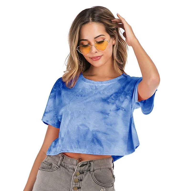 

New Fashion Custom Girls Shirts Blue Short Sleeve Graphic Tees Tie Dyed T-shirt Cropped T Shirt Dye In Bulk, Orange, blue and any other customized colors