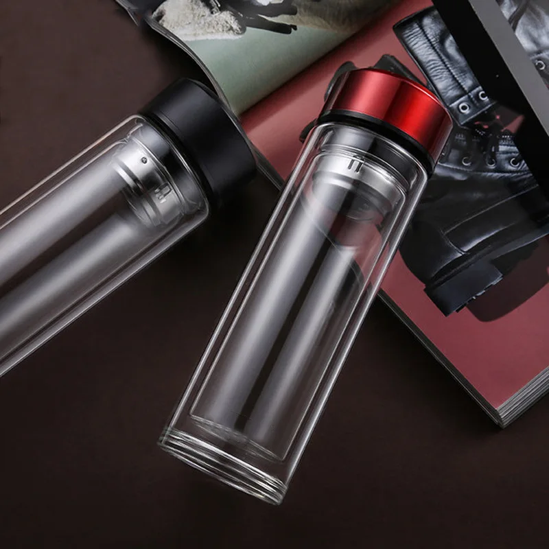 

Mikenda water bottles with custom logo double walled unbreakable glass water bottle, Black, red and steel color