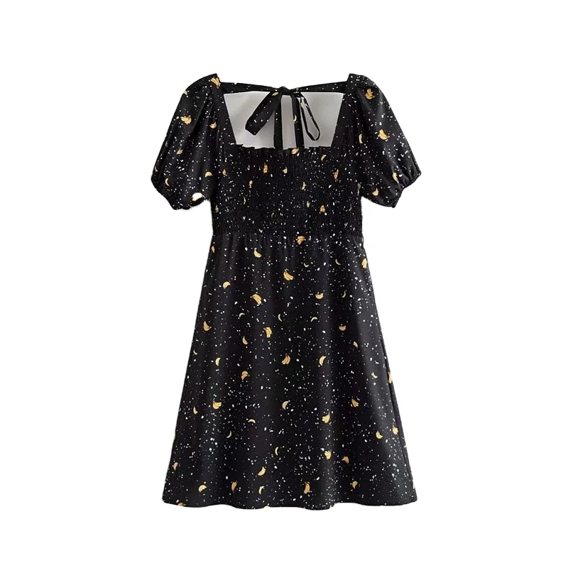 

Summer Short-sleeved Dress Miniskirt Banana Print Square Neck Skirt, Black