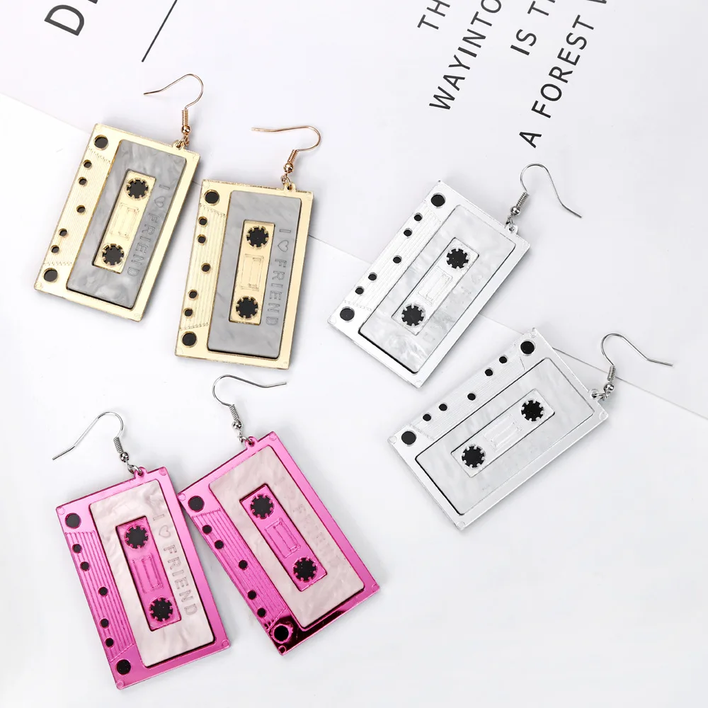 

Trendy Vintage Women Personalized Jewelry Cassette Tape Acrylic Dangle Earrings Statement Acrylic Magnetic Tap Drop Earrings