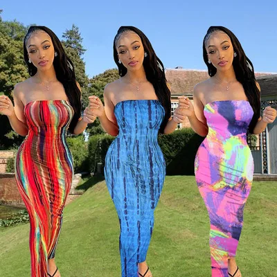 

D0328 2021 Plus Size Bandage Halter Woman Sexy tie dye print summer casual dress