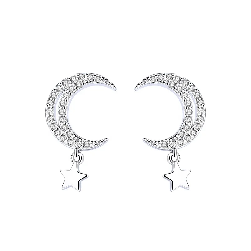 

925 sterling silver Starburst jewelry gold plated shiny zircon moon star stud earrings for women