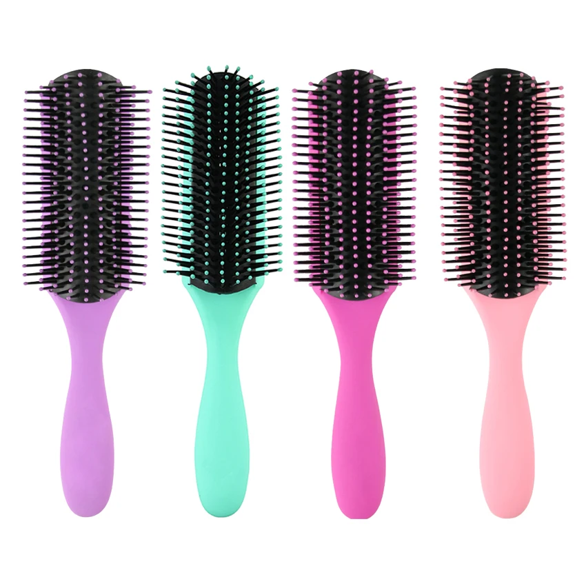 

Wholesale Custom Logo Salon Heat Resistant 9 Row Detangling Paddle Denman Hair Brush, Pink. purple, black