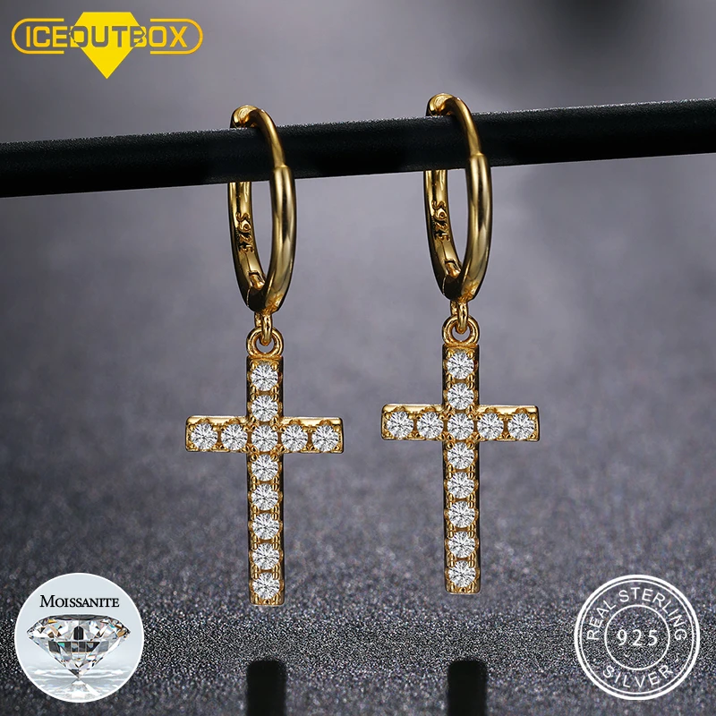 Small Vintage VVS Moissanite Hoop Earring Cross Diamond Jewelry Women Men Gold Plated Sterling Silver 925 Cross Earrings