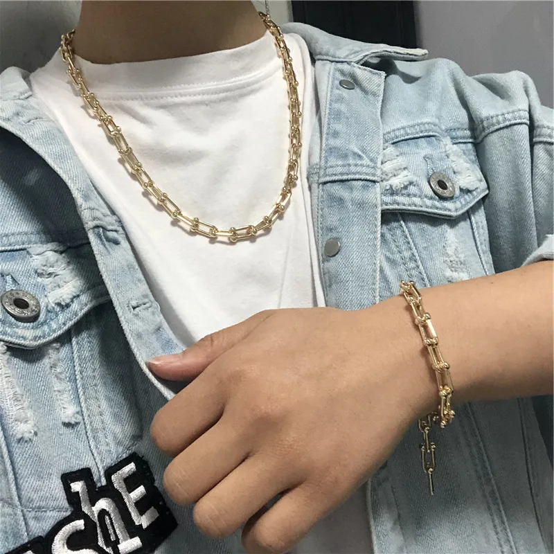 

2021 Trendy Gold Silver Plated U Shape Joint Bracelet Link Chain Joint Bracelet Necklace Punk Jewelry Set For Women Men