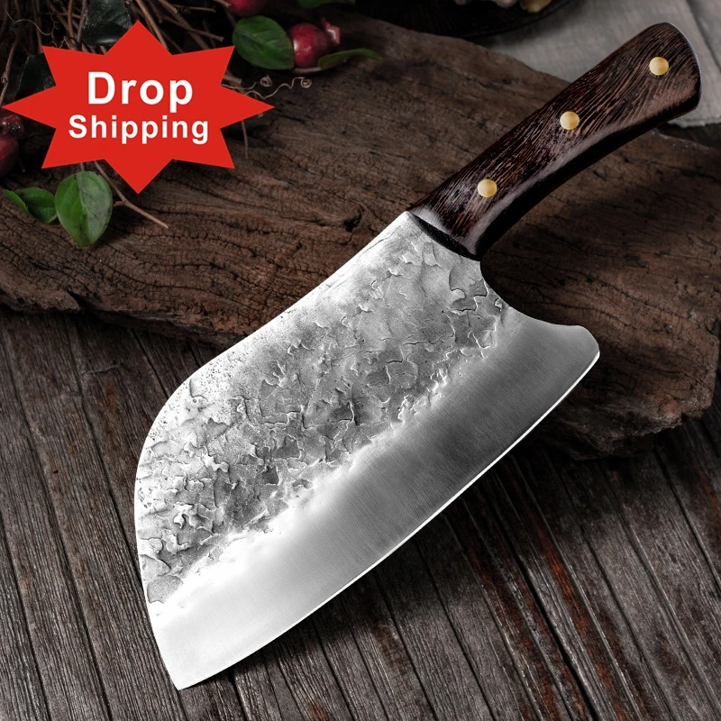 

Dropshipping Handmade Full Tang Forged High-carbon Steel Wenge wood handle Kitchen Knives China Chef Cleaver Butcher knife, Silver