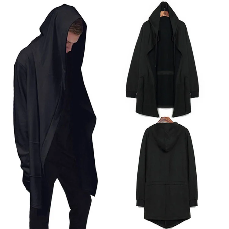 

Gothic Men Hooded Sweatshirts Black Gown Hip Hop Mantle Hoodies Fashion Cardigan Long Sleeves Cloak Halloween Outwear