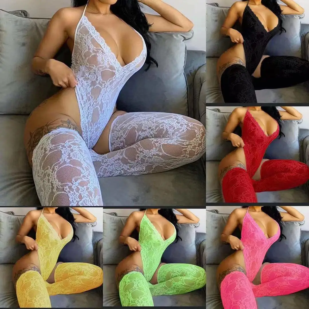 

Transparent Lace Sleeveless V-Neck Bodysuit With Socks Lingerie Women One Piece Lingerie-Sexy, Photo