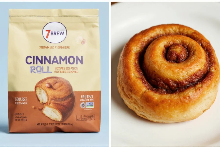 Side-by-side comparison of 7 Brew Cinnamon Roll packaging next to traditional cinnamon roll pastry