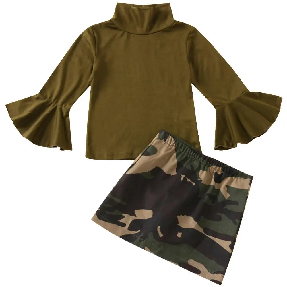 

Summer 2021 Amazon camouflage color pattern comfortable high necked flared sleeve zipper dress set baby clothes for girls, As pic shows, we can according to your request also