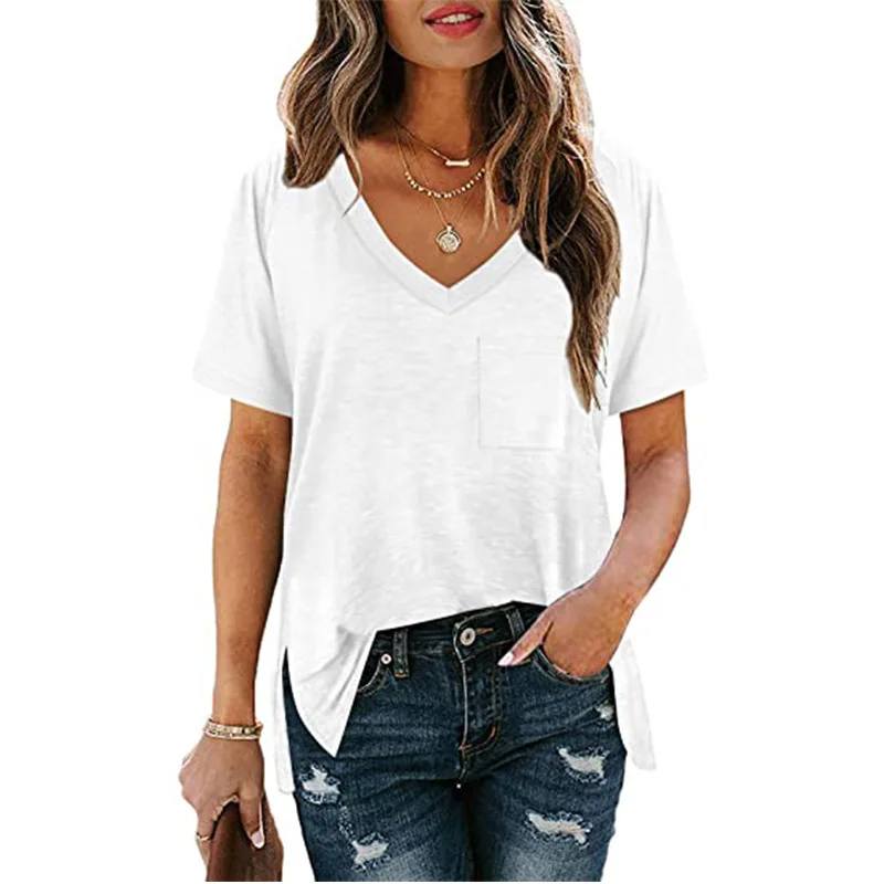 

High Quality Summer Women Loose Fit V Neck Side Split Short Sleeve Tee Shirts T Shirts Crop Tops