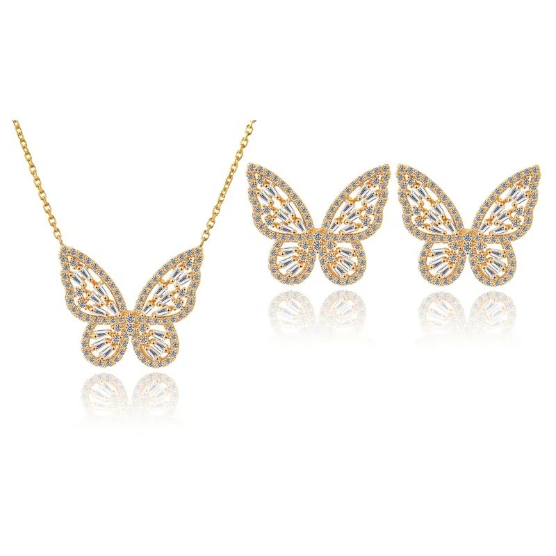 

Wholesale cubic zirconia jewelry set 18k gold plated butterfly necklace butterfly earrings for women