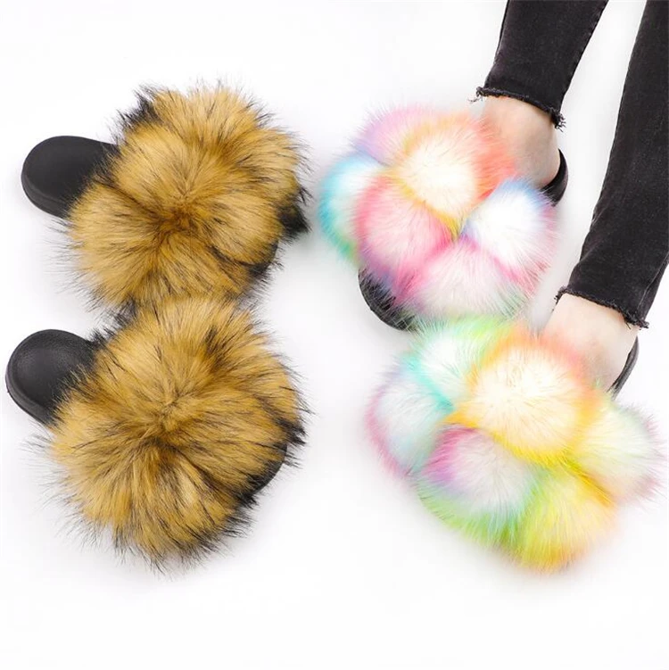 

Summer Platform Sandals Shoes Real Fox Fur Slippers Ladies 2021 Raccoon Pom Pom Fluffy Slippers Big Furry Fur Slides Women, As pictures or customized colors