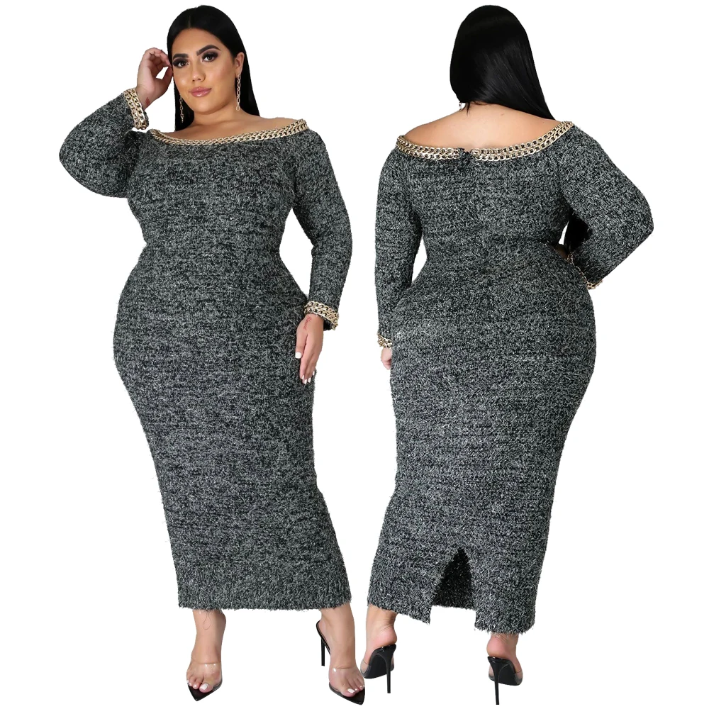 

FOMA-clothing CY1344 hot sale winter plus size women sexy off shoulder long sleeve ladies dresses