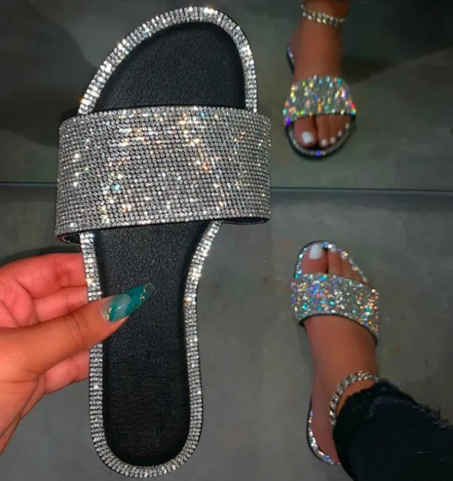 

Cheap diamonds flat slippers for women outdoor shiny rhinestone ladies slides mules shoes women, Picture color