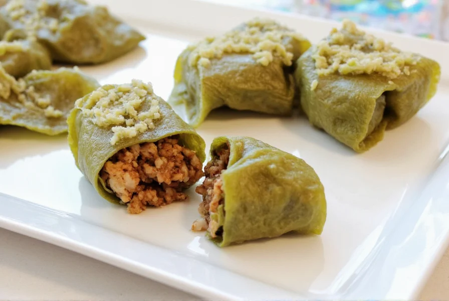 Mini stuffed grape leaves served on a bamboo tray