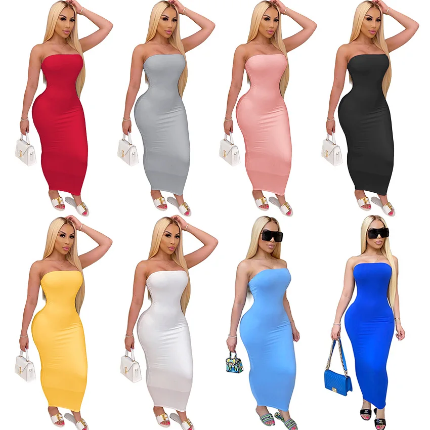 

2021 Women Black White Bodycon Sundress Summer Fitted Strapless Bandage Robe Tube Maxi Dress, 8 colors