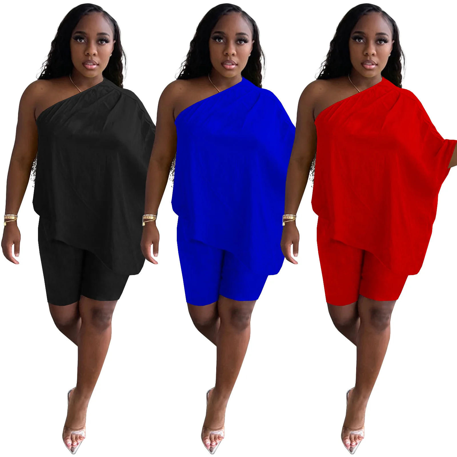 

C0504TA20 Factory Supply Solid Color One Shoulder T Shirt Two Piece Shorts Set Sehe Fashion