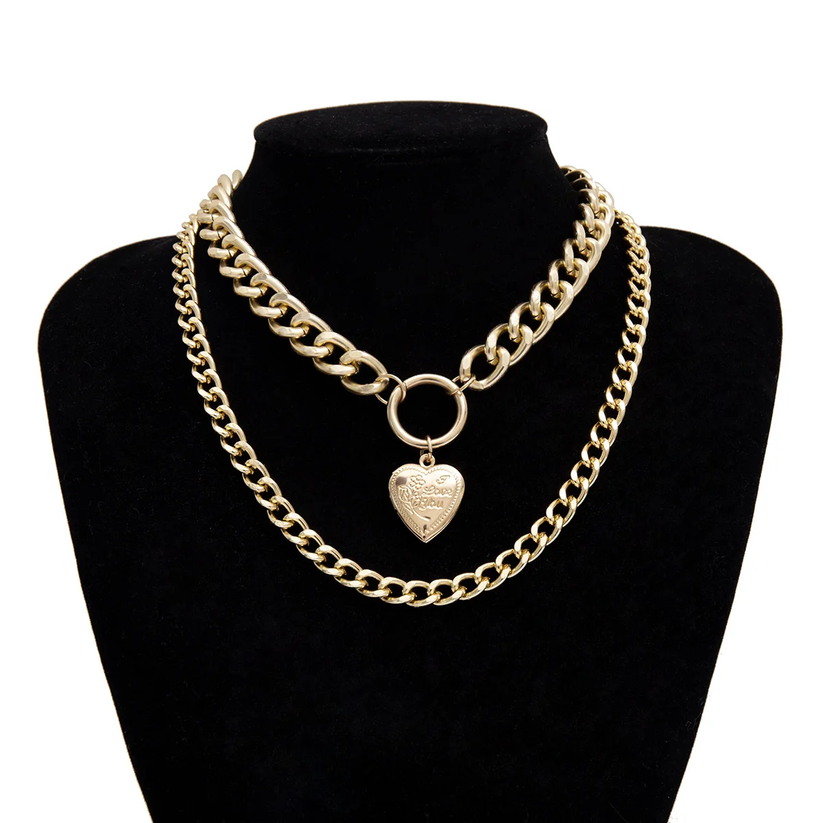 

Double Layered Chunky Cuban Choker Heart Pendants Necklace Fashional Gold Clavicle Chain Openable Heart Charm Pendants Necklace, Picture shows