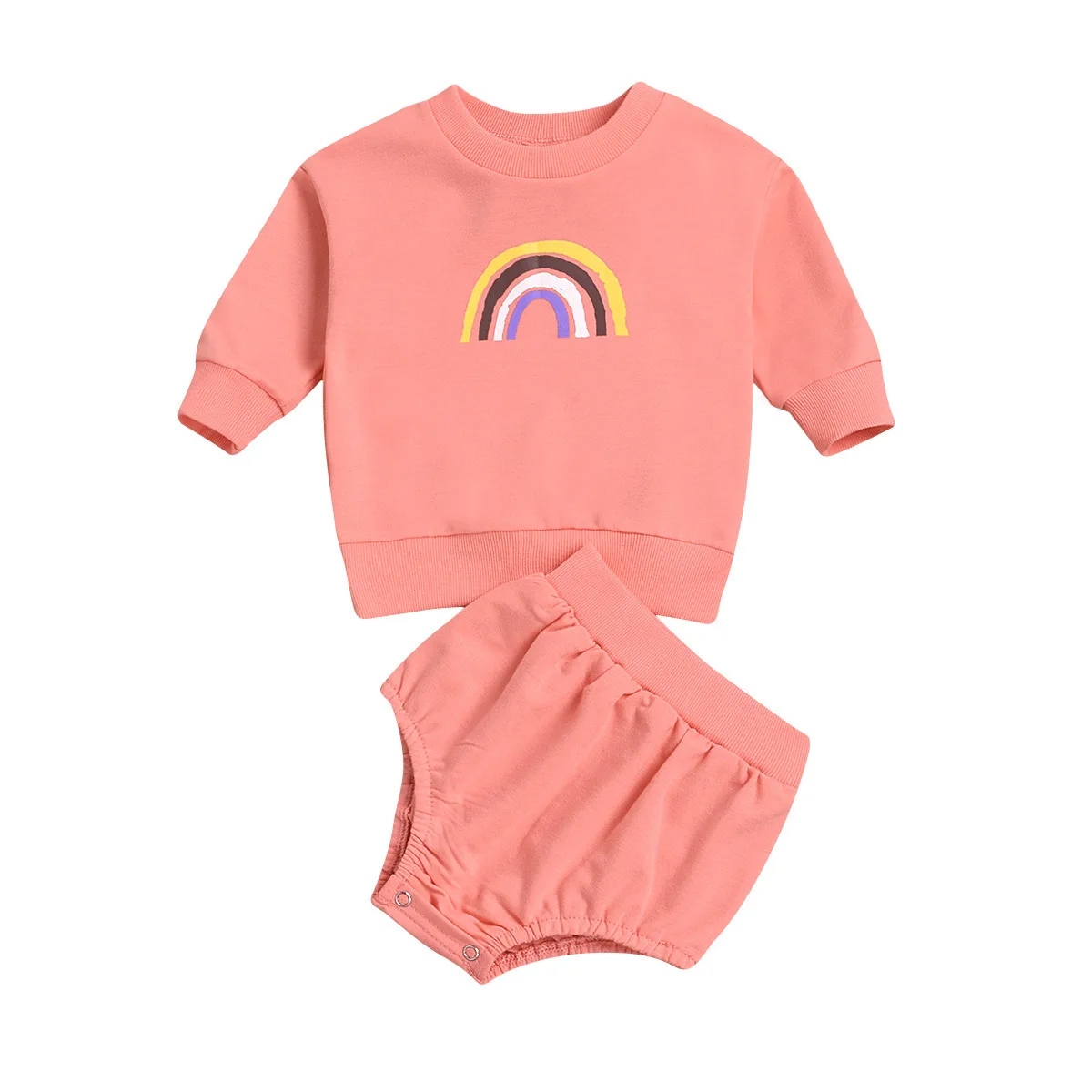 

2021 Children Sweaters Set New Foreign Trade Children Clothes Rainbow Print Baby Sweaters And Short Set For Infants And Toddle, White, pink, brown