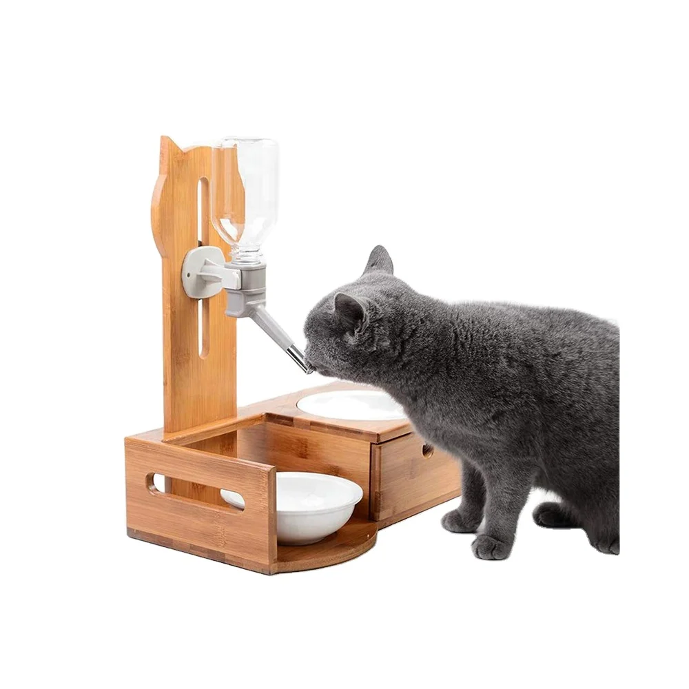 

Bamboo pet water dispenser pet water dispenser automatic adjustable water dispenser pet bowl feeder with drawer, Natural color