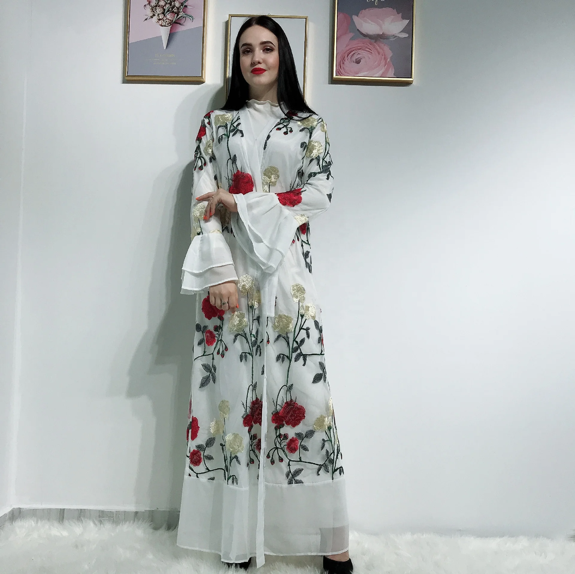 

Factory Selling Popular Middle East FREE SHIPPING Trumpet Sleeves Flower Muslim Dresses Women Robes Islamic Clothing, White.red.apricot