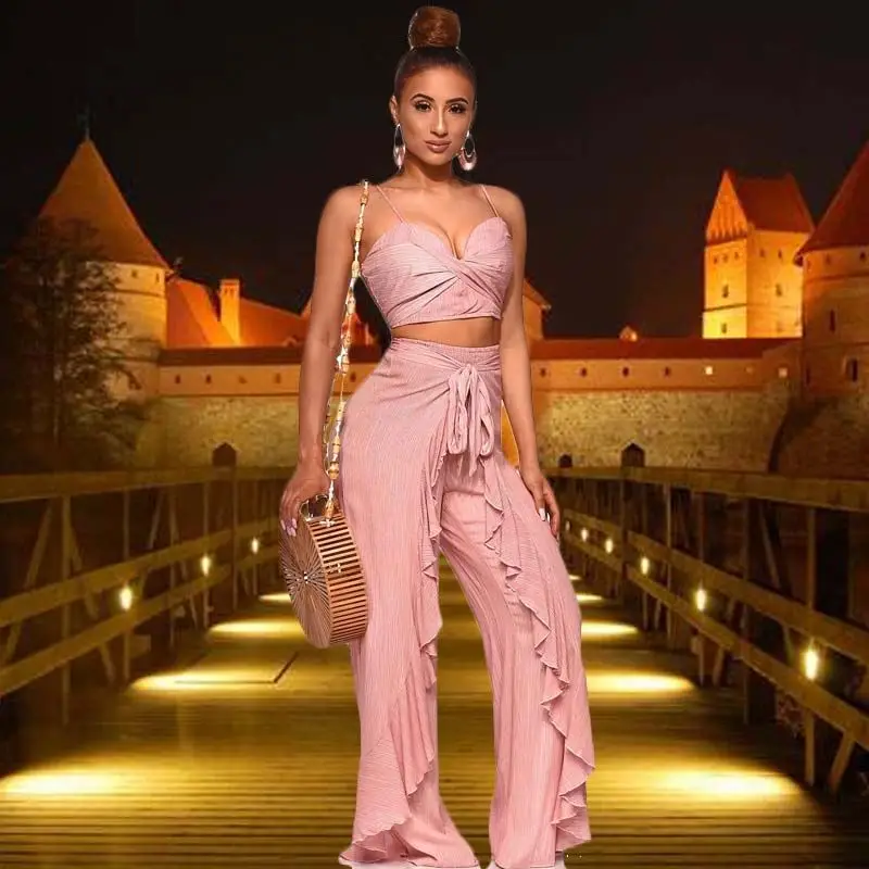 

2021 new arrivals Women's Sexy Pink yoga Two Piece sets Casual Ruffles Wide leg pants Suits