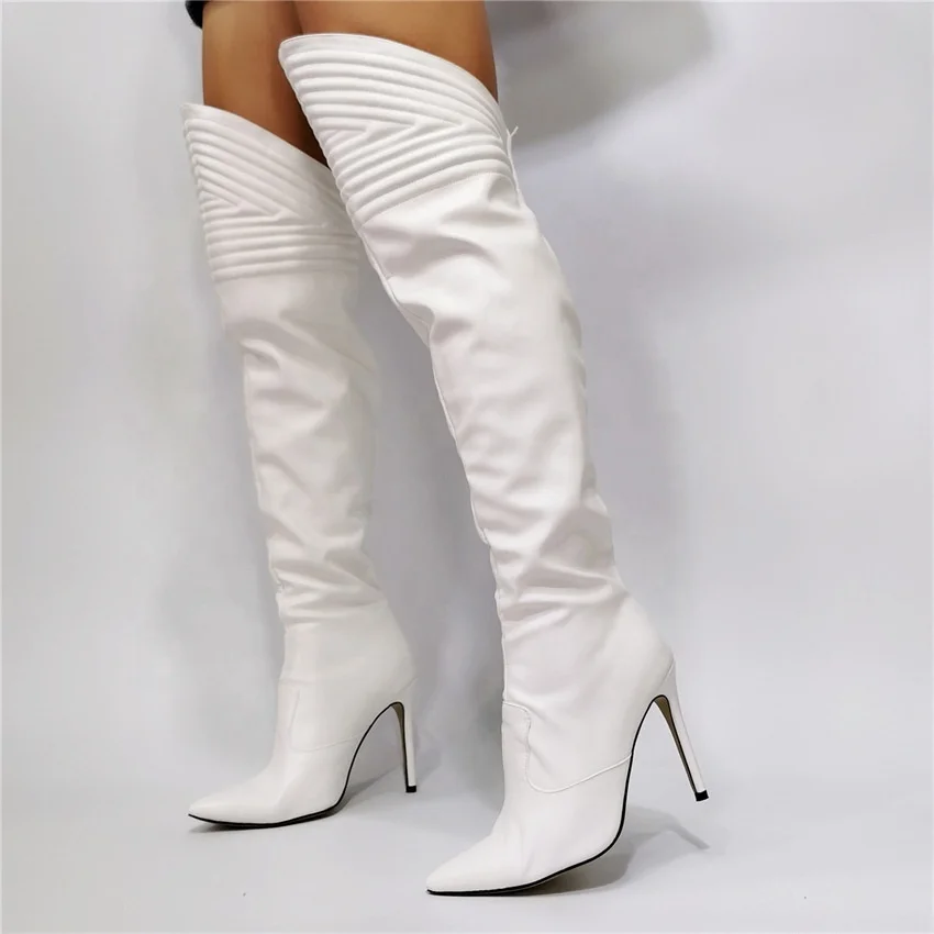 

Female Solid White Color Lady Knee High Boots Pointed Toe Stiletto High Heels Women Long Boots Shoes Big Size 14