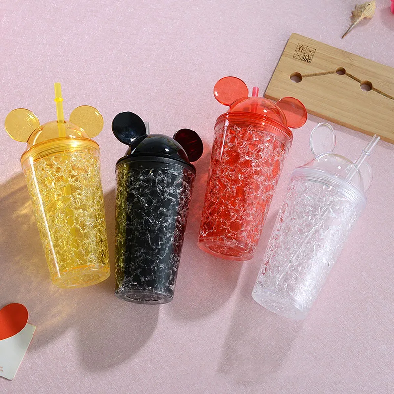 

wholesale bulk kids cute mouse clear acrylic ice double wall 16oz coffee cup water bottle tumbler with straw and lid